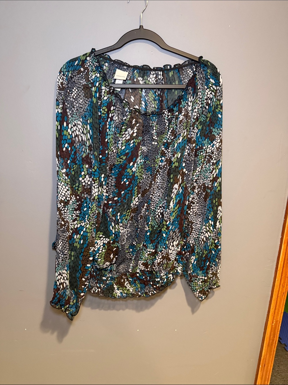 Sheer Printed Peasant Blouse - Teal Multi